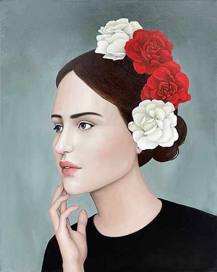 Amanda Johnson nz portrait art, white and red roses, oil on canvas